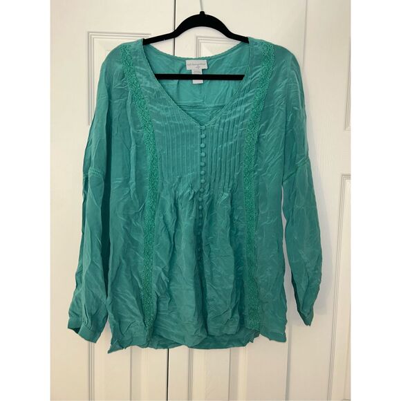 Soft Surroundings Green Blue Teal Button Blouse, 100% Silk Top, Size Small - Picture 2 of 11